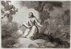 Royaumont Bibelen, Det nye testamente: Jesus Kristus i hagen (bønn på Oljeberget). En engel som holder en kalk viser seg for Jesus. Apoterne til St. Peter, St. John og St. James sover. Illustrasjon fra 1811. av Unknown artist