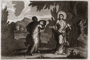 Royaumont Bibelen, Det nye testamente: Jesus Kristus i ørkenen. Jesus blir drevet ut i ørkenen. Han unge førti dager og førti netter. Han blir fristet av demonen som inviterer ham til å gjøre steiner om til brød. Illustrasjon fra 1811. av Unknown artist
