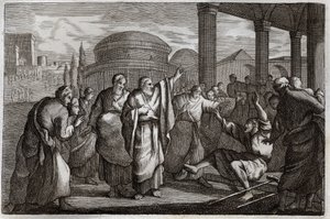 Royaumont Bible, New Testament: Lame gueri. Saint Paul warriors a lame and arrests a people who wanted to sacrifice to him like a God. Illustration from 1811. av Unknown artist