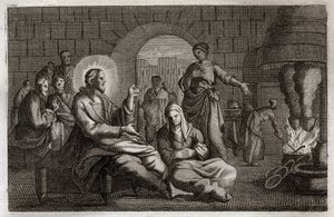 Royaumont Bibelen, Det nye testamente: Marta og Maria. Jesus Kristus går inn i huset til Marta, som skynder seg å ta imot ham mens søsteren hans, Maria av Betania, hører hans ord. Illustrasjon fra 1811. av Unknown artist