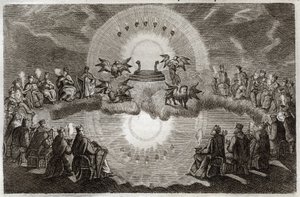 Royaumont Bible, New Testament: Open Heaven. A trone appears surrounded by a lion, an ox, a man and an eagle (tetramorph) and seven lamps. Twenty-four old people sitting on trones surround this vision. Illustration from 1811. av Unknown artist
