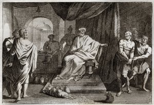 Royaumont Bibelen, Det nye testamente: lignelse om talenter. En mester straffer en av sine tjenere som gjemte pengene han ga ham. Illustrasjon fra 1811. av Unknown artist