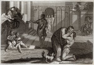 Royaumont Bible, New Testament: Parable of the Prodigal Child. The son returns home after he left and lost all his possessions. He