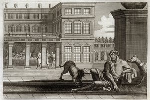 Royaumont Bible, New Testament: Parable of the evil rich represents at the table in the back and Lazarus the beggar, whose dogs of the rich lick the wounds. Illustration from 1811. av Unknown artist