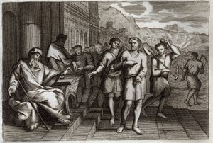 Royaumont Bibelen, Det nye testamente: Lignelse om vinarbeidere eller lignelse om arbeidere i den ellevte time. Arbeidere som familiefaren sender for å jobbe i sin vingård. Illustrasjon fra 1811. av Unknown artist