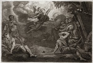 Royaumont Bible, New Testament: Pastors at the Crech. An Angel announces the Birth of Jesus Christ to the Pastors (Annunciation to the Shepherds). Illustration from 1811. av Unknown artist