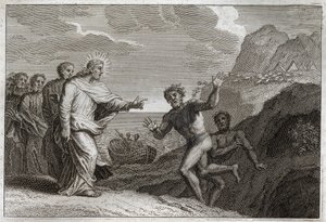 Royaumont Bibelen, Det nye testamente: Possede gueri. Jesus Kristus helbredet en besatt som demonen gjorde rasende. Illustrasjon fra 1811. av Unknown artist