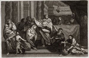 Royaumont Bibelen, Det nye testamente: Rensing av jomfruen eller presentasjon i tempelet. Den hellige familie tilbyr Jesus Kristus til tempelet og gir det til Symeon (eller Simeon eller Simon). En kvinne holder to duer i en kurv. Illustrasjon fra 1811. av Unknown artist