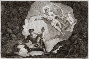 Royaumont Bibelen, Det nye testamente: Oppstandelse. Jesus Kristus reiser seg fra graven sin under ærefrykt for de romerske soldatene som hadde sovnet. Illustrasjon fra 1811 (gravering) av Unknown artist
