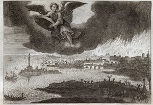 Royaumont Bible, New Testament: Ruin of Babylon. Babylon on fire, an angel throws a stone at the sea, symbolizing the destruction of this city during the Revelation. Illustration from 1811. av Unknown artist