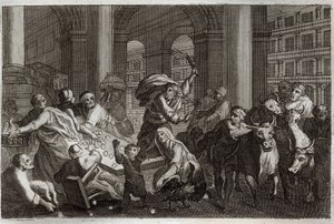 Royaumont Bible, New Testament: Sellers Hunt from the Temple. Jesus Christ drives away from the Temple those who profaned him by the traffic they were doing there. Illustration from 1811. av Unknown artist