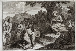 Royaumont Bibelen, Det nye testamente: Preken på fjellet. Jesus Kristus velger ut tolv apotere av sine disipler, og gjør prekenen foran dem og for et stort folk, som vanligvis kalles fjellprekenen. Illustrasjon fra 1811. av Unknown artist