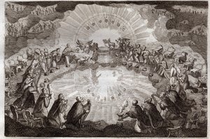 Royaumont Bibelen, Det nye testamente: Syv segl av boken åpnet av Lammet. De tjuefire eldste legger seg foran tronen omgitt av en løve, en okse, en mann og en ørn (tetramorf) og syv lamper. Illustrasjon fra 1811. av Unknown artist