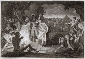Royaumont Bibelen, Det nye testamente: St. Pauls forlis. Han er bitt med hoggorm uten skade. Illustrasjon fra 1811. av Unknown artist