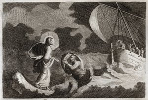 Royaumont Bibelen, Det nye testamente: St. Peter går på vannet. Jesus Kristus går på havet, og får Sankt Peter til å gå der. Illustrasjon fra 1811. av Unknown artist