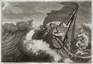Royaumont Bibelen, Det nye testamente: Tempete bleknet. Apoterne blir overrasket av en storm vekket Jesus Kristus som sov i skipet deres, og han roer også ned Genesaretsjøen. Illustrasjon fra 1811. av Unknown artist