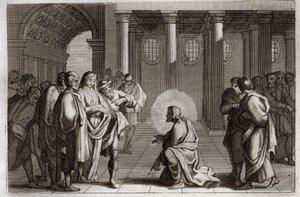 Royaumont Bibelen, Det nye testamente: Den utro kvinnen. Jesus Kristus lurer seg selv fra fellene som jødene la over ham, og spør ham hva som skal gjøres med en kvinne som er tatt i hor, og sier: «La ham av deg som er uten synd kaste bakken. av Unknown artist