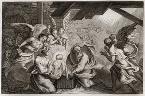 Royaumont Bible, New Testament: The Nativity. Jesus Christ was born from the Blessed Virgin Mary in a stable in Bethleem. Illustration from 1811. av Unknown artist