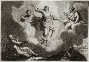 Royaumont Bibelen, Det nye testamente: Jesu Kristi forvandling. Kristus omgir Moses og Elia med under apostelen Johannes, Peter og Jakob. Illustrasjon fra 1811. av Unknown artist