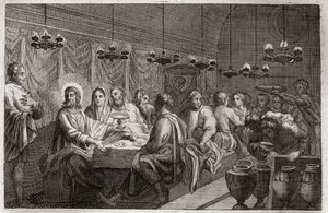 Royaumont Bibelen, Det nye testamente: Bryllupet i Kana. Jesu Kristi første mirakel som forandret vann til vin. Illustrasjon fra 1811. av Unknown artist