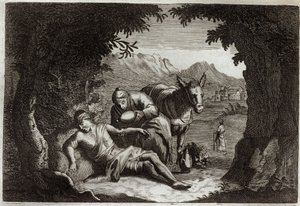 Royaumont Bibelen, Det nye testamente: Lignelsen om den barmhjertige samaritan. Samaritanen stoppet på vei for å redde mannen i nød. Illustrasjon fra 1811. av Unknown artist