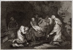 Royaumont Bible, New Testament: Tomb. Sepulchre of Jesus Christ. Among the characters surrounding the body of Jesus Christ: the Virgin Mary, Saint Nicodema, Saint Joseph of Arimathia, Saint John the Evangelist and Saint Mary Magdalene. Illustration from 18 av Unknown artist