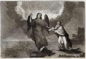 Royaumont Bible, New Testament: Vision of Saint John. Vision of the Angel with an Open Book gives Saint John to devour him. Illustration from 1811. av Unknown artist