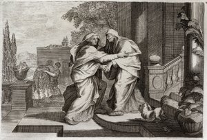 Royaumont Bible, New Testament: Visitation. The Blessed Virgin Mary will visit her cousin Elisabeth. Illustration from 1811. av Unknown artist