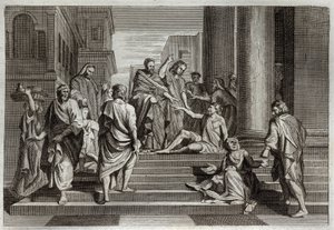 Royaumont Bible, New Testament: War of the lame. Saint Peter, accompanied by Saint John, miraculously warried a lame man in Jerusalem. Illustration from 1811. av Unknown artist