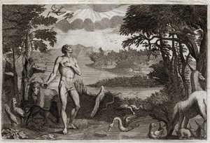Royaumont Bible, Old Testament: Creation of Man and Woman. God who created man, puts him in the earthly Paradise, and forbid him to eat of the fruit of the tree of the knowledge of good and evil. Illustration from 1811. av Unknown artist