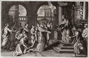 Royaumont Bibelen, Det gamle testamente: Ester vil presentere seg for kong Xerxes I (Assuerus I), med den hensikt å redde sitt folk fra døden som truet ham. Illustrasjon fra 1811. av Unknown artist