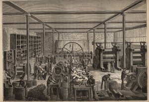 Gummi: gummifabrikk. Gravering fra 1885 i "" Les arts et metiers illustres"" av Adolphe BITARD. av Unknown artist