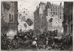 Rue Saint-Antoine under Trois-Glorieuses (juli 1830) - Revolusjon av 1830-barrikadekampene på Rue Saint-Antoine (Saint Antoine) i 1830 av Unknown artist