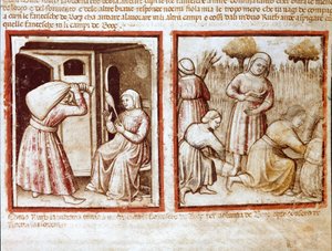 Ruth og Noemi (Naomi, Noemie) arbeider i feltene til Boaz (Booz) Miniatyr fra codex 212 (eller padovano codex eller Bible of Padua) 1390-1400 Rovigo, Accademia dei Concordi av Unknown artist