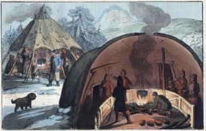 Samisk familie i et telt i Lappland - Interiør i en Lapplandshytte med en familie rundt bålet - gravering fra "" Skikker og tradisjoner til alle folkeslag i universet. Det er historien om regjeringen, lovene, militsen, om religionen til alle nasjoner fra av Unknown artist
