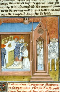 Hellig (kroning) av Karl den Store (742 - 814) i 800 av pave Leo III. - Belysning av manuskript fra middelalderen (ref. 512, 089v) Be om tillatelse fra kommunebiblioteket i Toulouse (tlf: 05 62 27 66 66) av Unknown artist