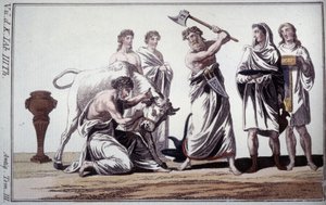 Ofring av en okse. Skikke i romersk antikken. Gravering tidlig på 1800-tallet. av Unknown artist