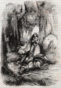 Sacripant (Sacrificer) desarconne i nærvær av Angelica (Angelica) - gravering av 1851 fra "" Roland furieux"" (1500-tallet) av Ludovico Ariosto, kjent som Ariosta - Utgave oversatt fra italiensk av greven av Tressan og p. av Unknown artist