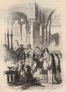 Seiling av Saint Cunegonde av Luxembourg (ca. 975-1033/1039) i 1024, overlevert av festen til Paderborn Meinwerk (ca. 975-1036) i benediktinerklosteret Kaufungen i Tyskland. Gravering fra 1868 i "Histoire de Belgique fra primitiv tid til av Unknown artist