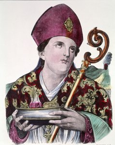 Saint Gennaro eller Saint Janvier, skytshelgen for byen Napoli, holder i hendene ampullen som inneholder blodet hans. Farget populært trykk fra 1800-tallet. av Unknown artist