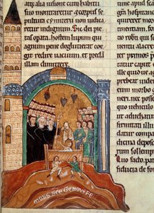 Saint Hugues de Cluny (1024-1109), Abbe av Cluny, redder en død mann i Paris. Miniatyr hentet fra en historisk og liturgisk samling av Unknown artist