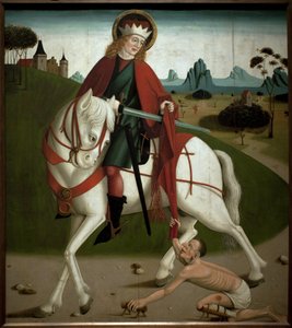 Saint Martin og tiggeren. Han klippet frakken for å gi den til en tigger. anonymt maleri, rundt 1490. Magyar Nemzeti Galleria, Budapest, Ungarn. av Unknown artist