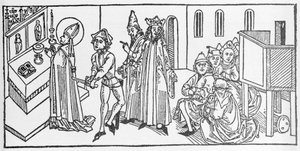 Saint Matteus. Gravering fra "Lives of the Saints - Summer part" (The Book of the Saint) av Jacobus (James) av Voragine (1228-1298). Lübeck 1488. av Unknown artist