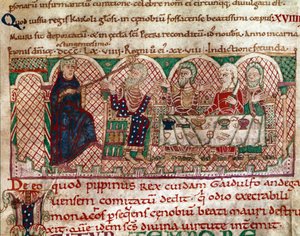 Saint Maur (512-584) grunnlegger av klosteret Flanfeuil (Saint Maur) i Anjou blir mottatt ved bordet til Gaidulfe av Ravenna, forfølger av munkene og straffer ham Miniature from Life and Miracles of Saint Maur” (ms 2273) 1100-1140 Kommunebibliotek av Unknown artist
