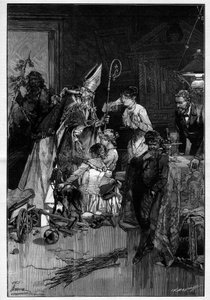 Saint Nicholas (Saint Nicholas) festival i Lorraine som bringer leker til barn. Han blir ledsaget av compere djevelen som bringer ham meter. Gravering i "" Le Monde Illustré"" av Unknown artist