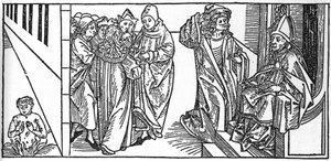 Saint Severin. Gravering fra "Lives of the Saints - Summer part" (The Book of the Saint) av Jacobus (James) av Voragine (1228-1298). Lübeck 1488. av Unknown artist