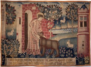 Den hellige Vaast og bjørnen. Saint Vaast, Saint Vedast eller Saint Gaston (døde i 540, eveque og skytshelgen for Arras og bispedømmet hans) temmer dyret på bredden av elven Crinchon. Tapet, andre halvdel av 1400-tallet. Museum of Fine Arts i Arras av Unknown artist
