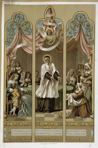 Saint Vincent de Paul etablerte arbeidet til Enfants Found - i henhold til glassmalerier 18. (?). av Unknown artist