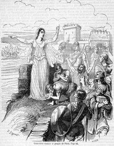 Sainte Geneviève, organiserer forsvaret av Paris mot hordene av Attila og beroliger folket i Paris - i "Histoire de France"" av Anquetil av Unknown artist