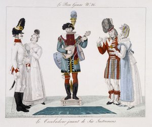 Saltimbanks: Trubaduren spiller seks instrumenter - i "" Le bon sjangeren"", deb. 1800-tallet av Unknown artist